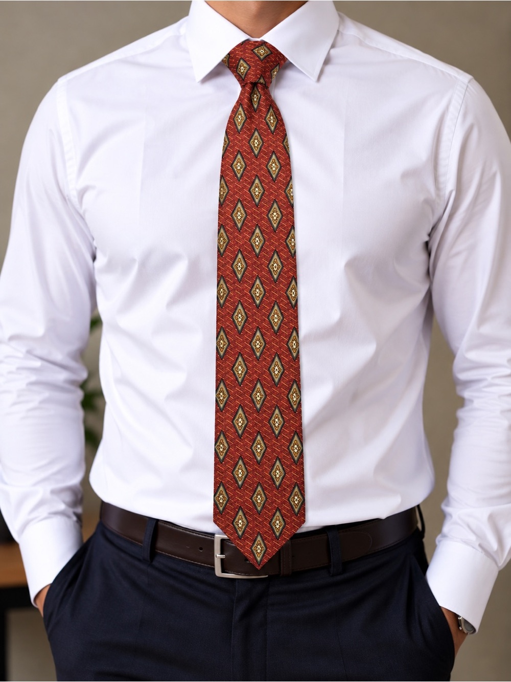 Joseph Abboud Red Diamond-Pattern 100% Silk Tie